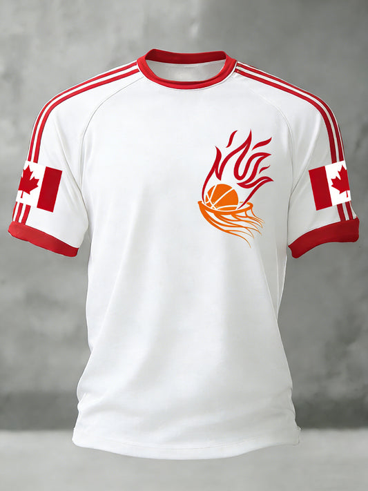 Retro Canadian Basketball Flag Patch Casual T-Shirt