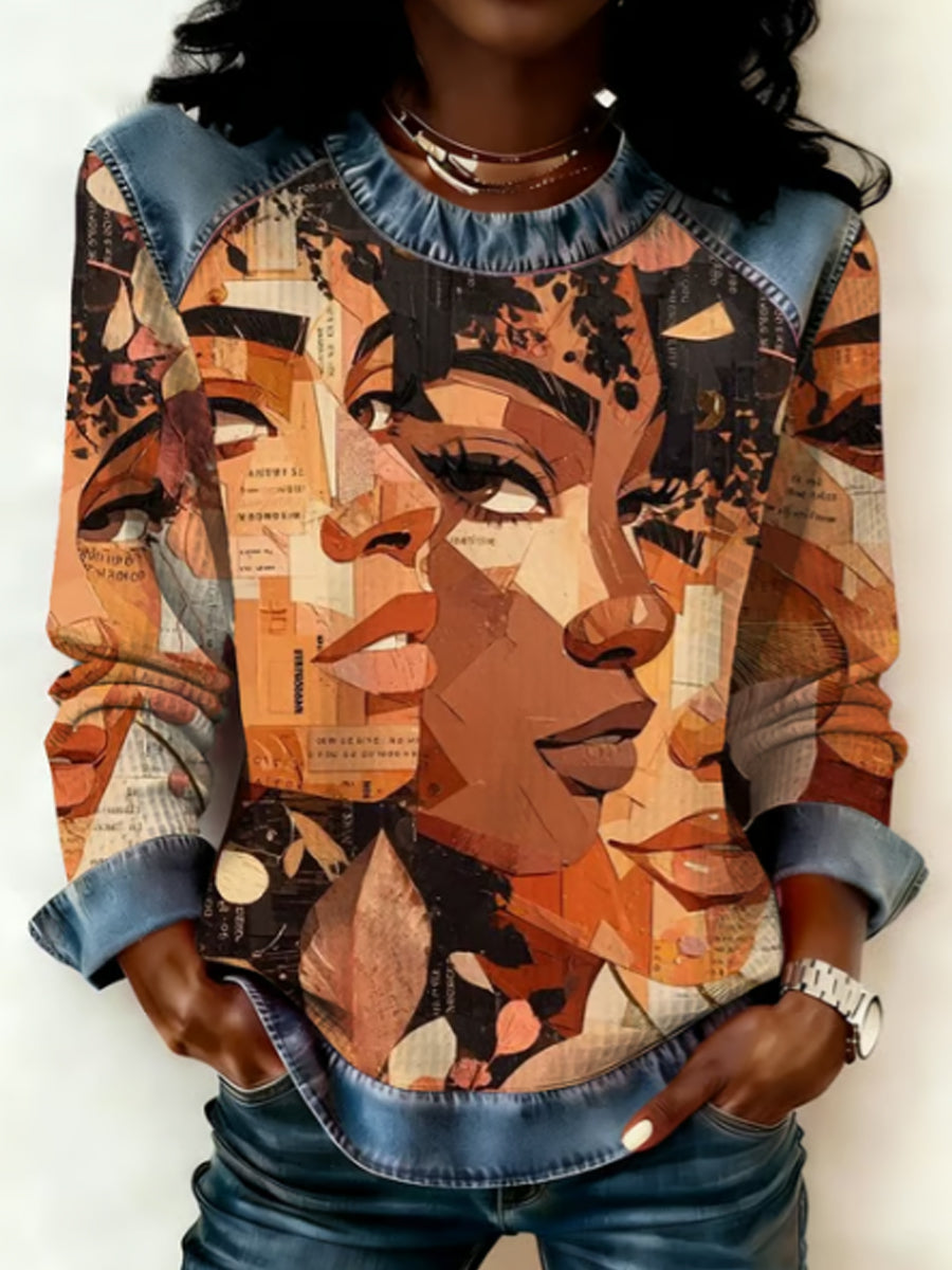 Women's Winter Black Female Art Painting Faux Denim Print Top