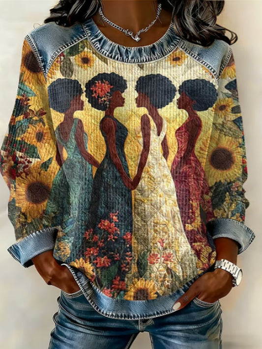 Women's Black African Printed Waffle Sweatshirt