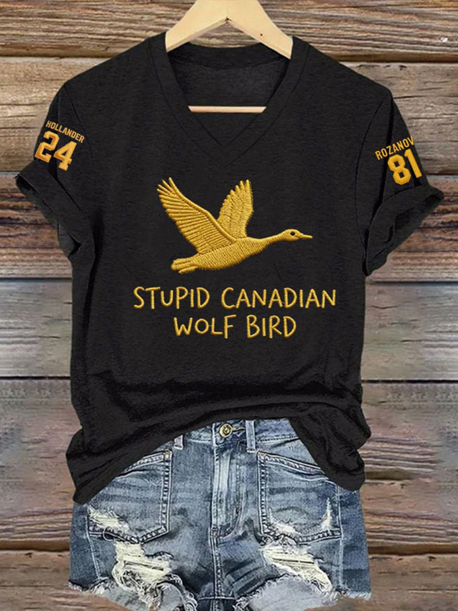 Women's Hockey Romance Embroidery Pattern V-Neck T-Shirt