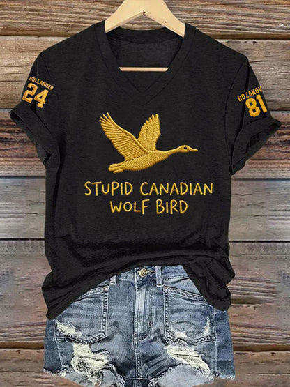 Women's Hockey Romance Embroidery Pattern V-Neck T-Shirt