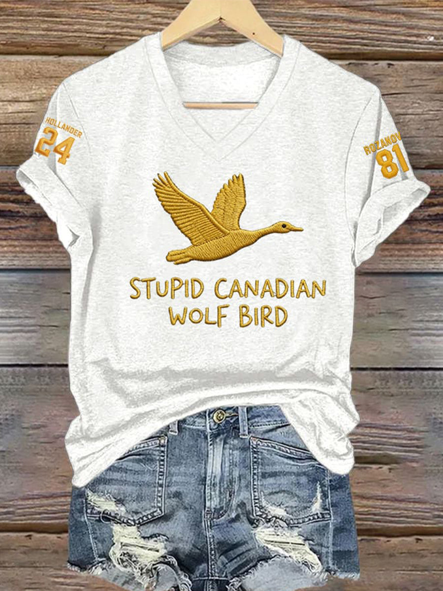 Women's Hockey Romance Embroidery Pattern V-Neck T-Shirt