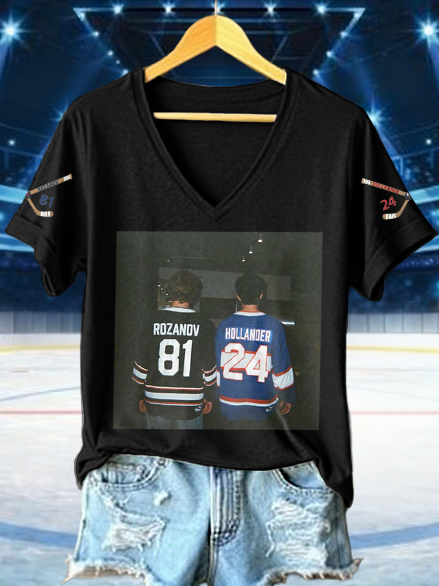 Women's Hockey Romance Print V-Neck T-Shirt