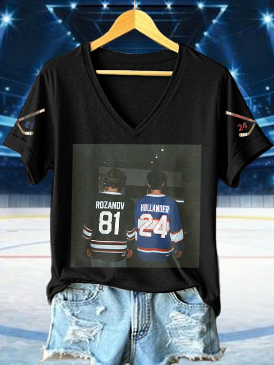 Women's Hockey Romance Print V-Neck T-Shirt
