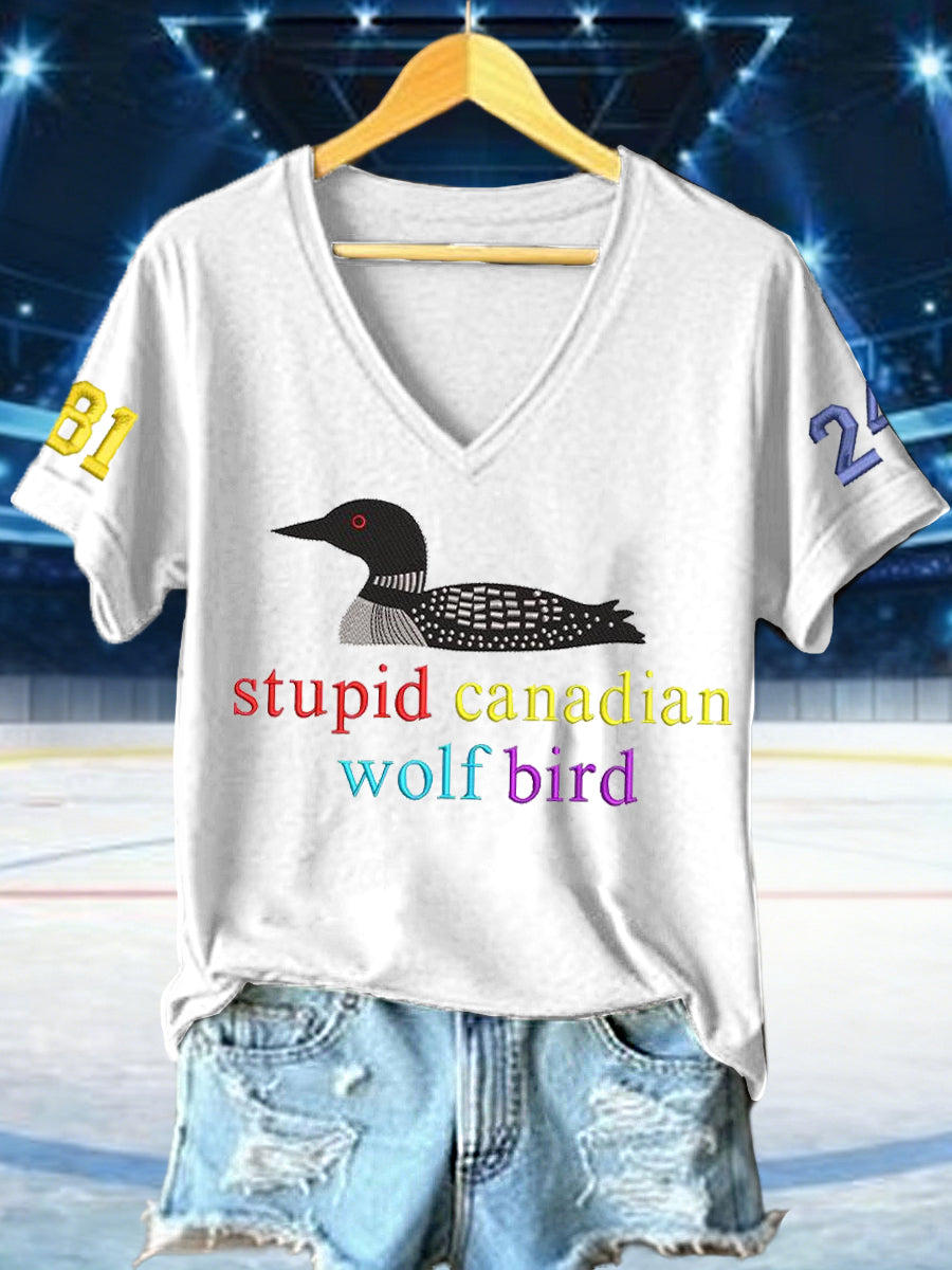 Women's Hockey Romance Embroidery Pattern V-Neck T-Shirt