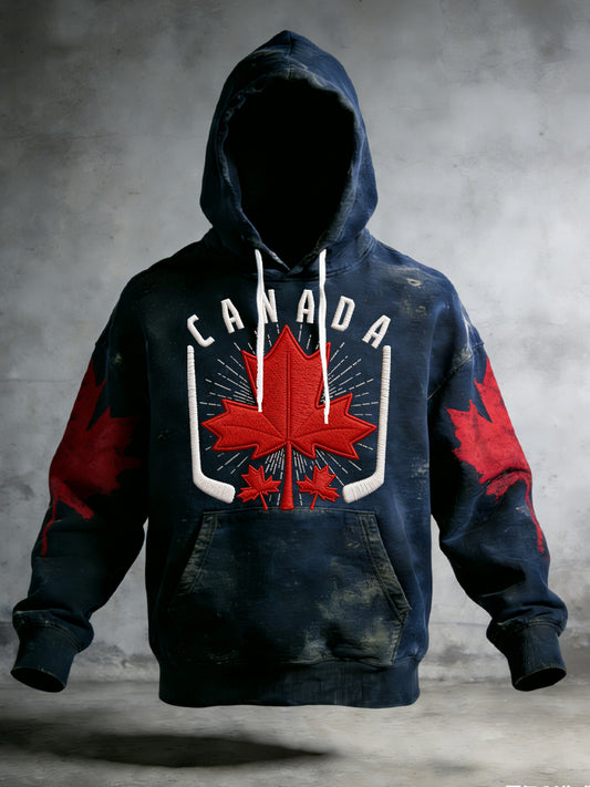 Retro Canadian Hockey Abstract Maple Leaf Casual Hoodie