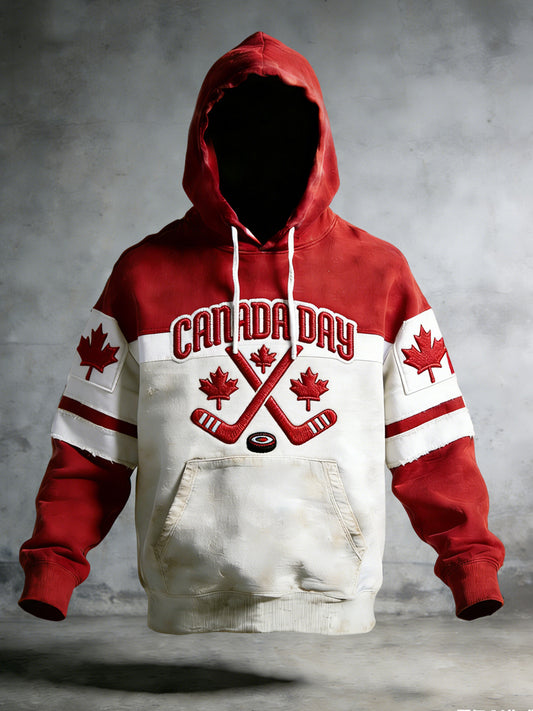 Retro Canadian Hockey Patchwork Commemorative Casual Hoodie