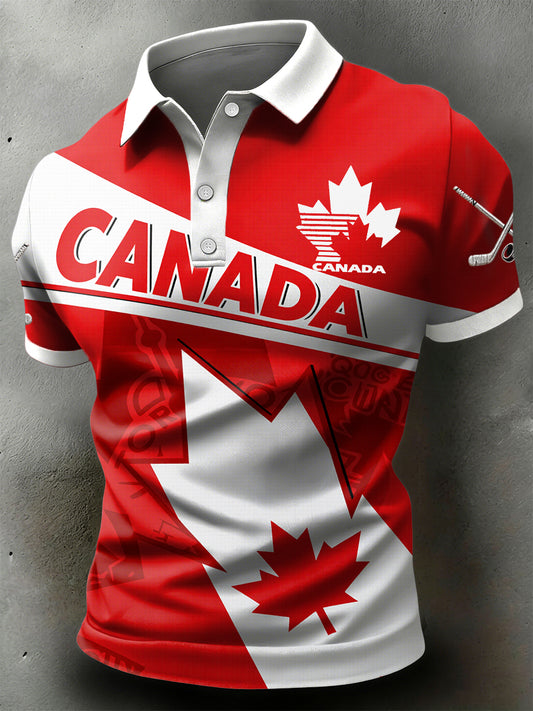 Retro Canadian Hockey Maple Leaf Casual Art Sports Polo Shirt