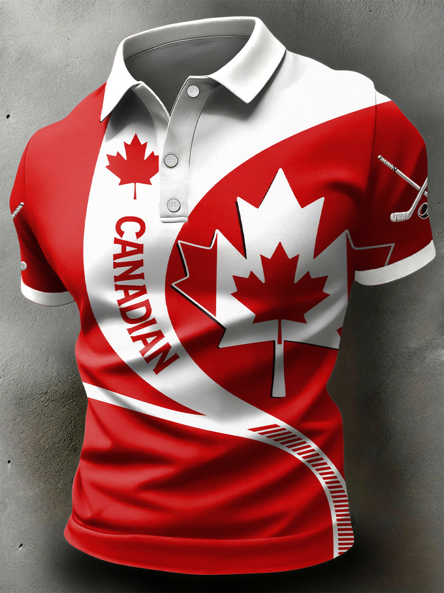 Retro Canadian Hockey Maple Leaf Casual Sports Polo Shirt