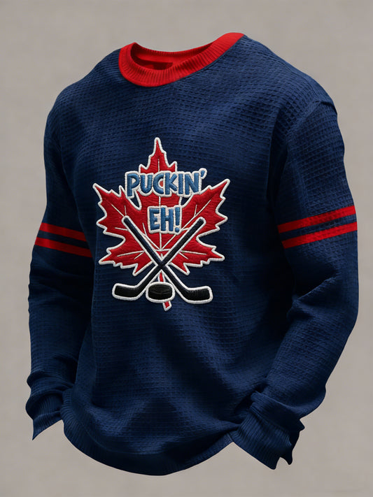 Retro Canadian Hockey Maple Leaf Emblem Casual Waffle Weave T-Shirt