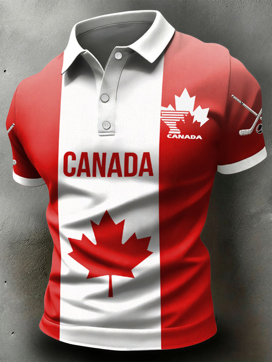 Retro Canadian Hockey Emblem Patch Casual Polo Shirt