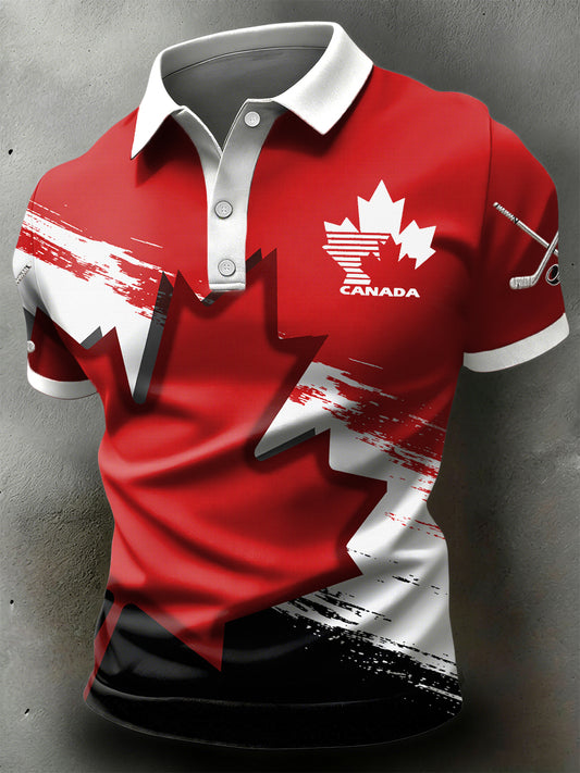 Retro Canadian Hockey Maple Leaf Patch Casual Polo Shirt