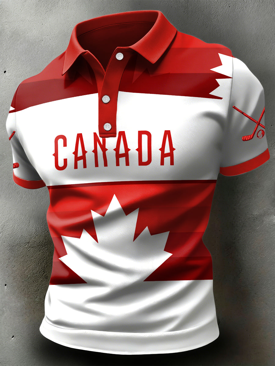 Retro Canadian Hockey Maple Leaf Casual Polo Shirt