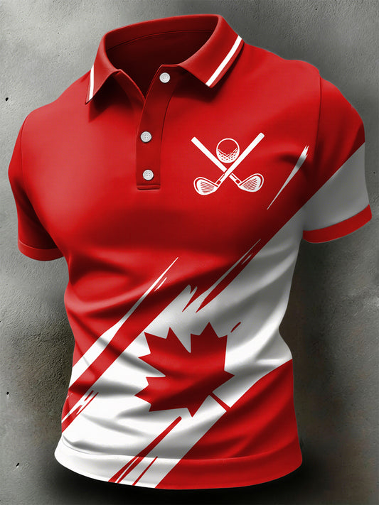Retro Canadian Hockey Maple Leaf Flag Casual Sports Polo Shirt