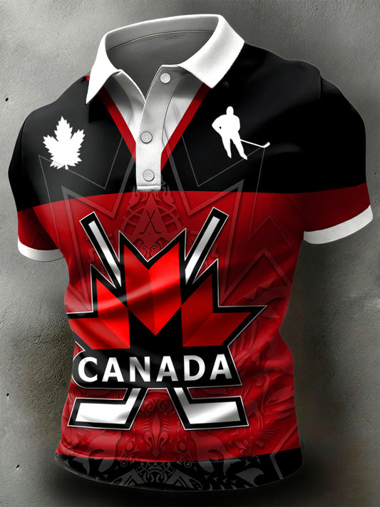 Retro Canadian Hockey Maple Leaf Casual Sports Polo Shirt