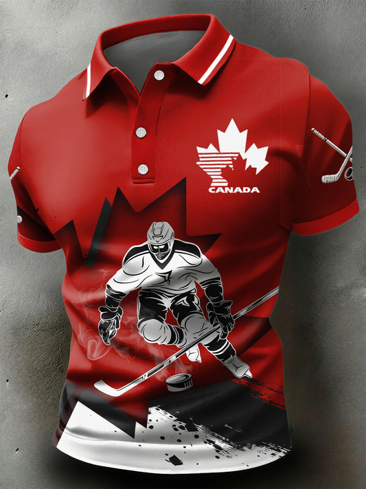 Retro Abstract Maple Leaf Canadian Hockey Sports Casual Polo Shirt