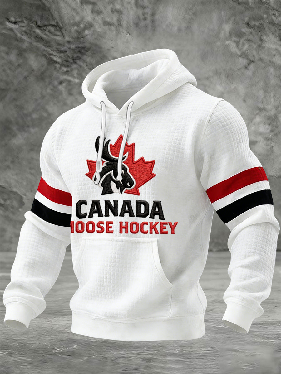 Retro Canadian Moose Hockey Casual Waffle Hoodie