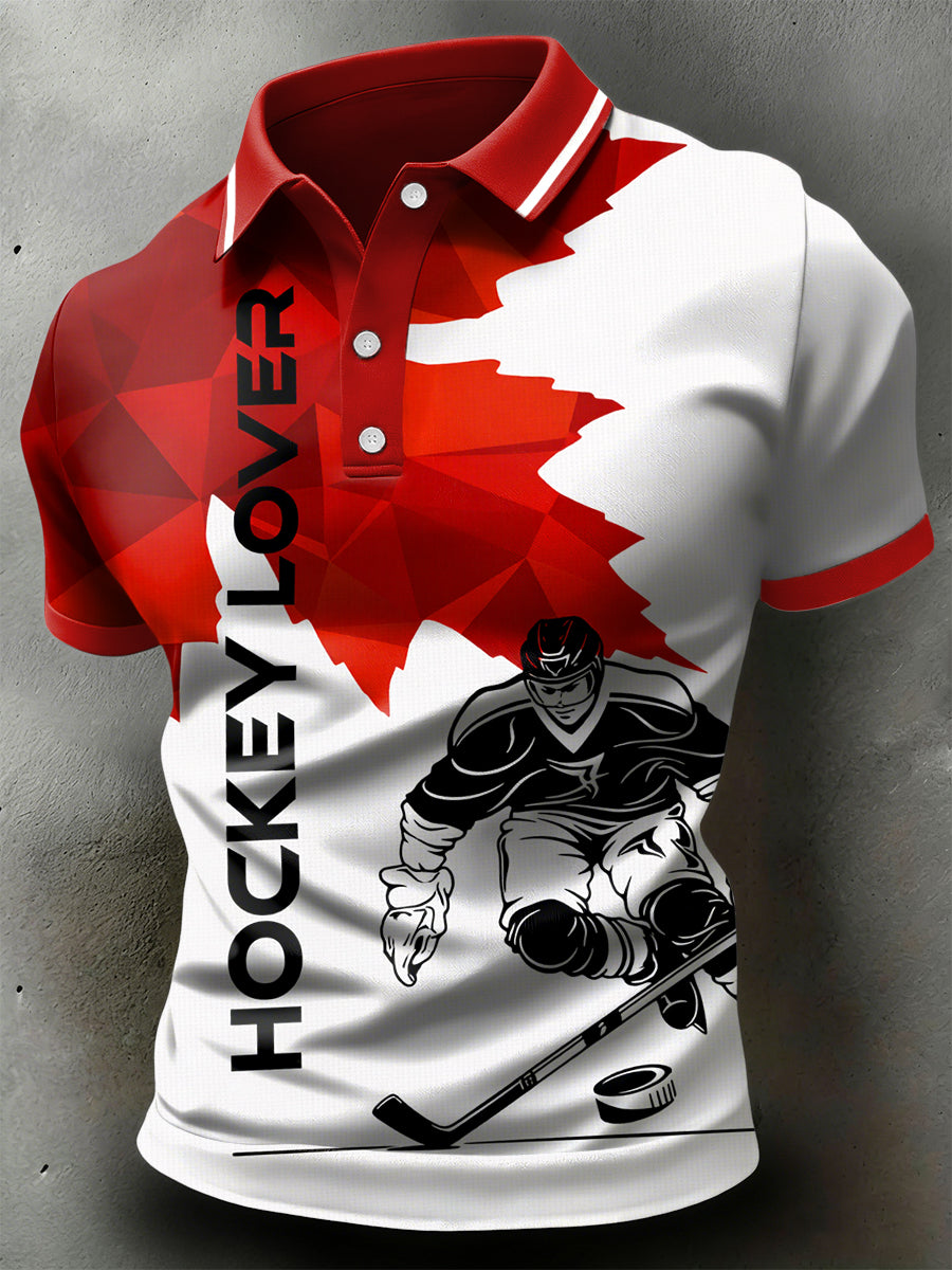 Retro Canadian Hockey Abstract Maple Leaf Casual Sports Polo Shirt