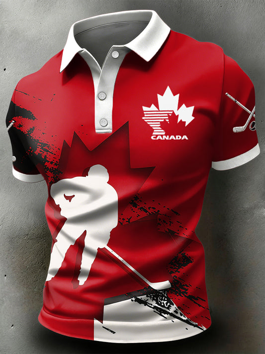 Retro Abstract Canadian Hockey Maple Leaf Casual Sports Polo Shirt