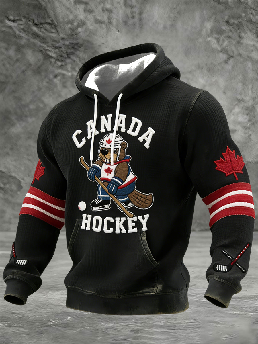 Retro Abstract Canadian Hockey Beaver Player Waffle-Weave T-Shirt