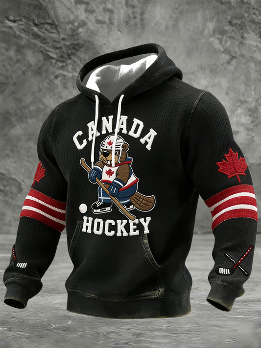 Retro Abstract Canadian Hockey Beaver Player Waffle-Weave T-Shirt