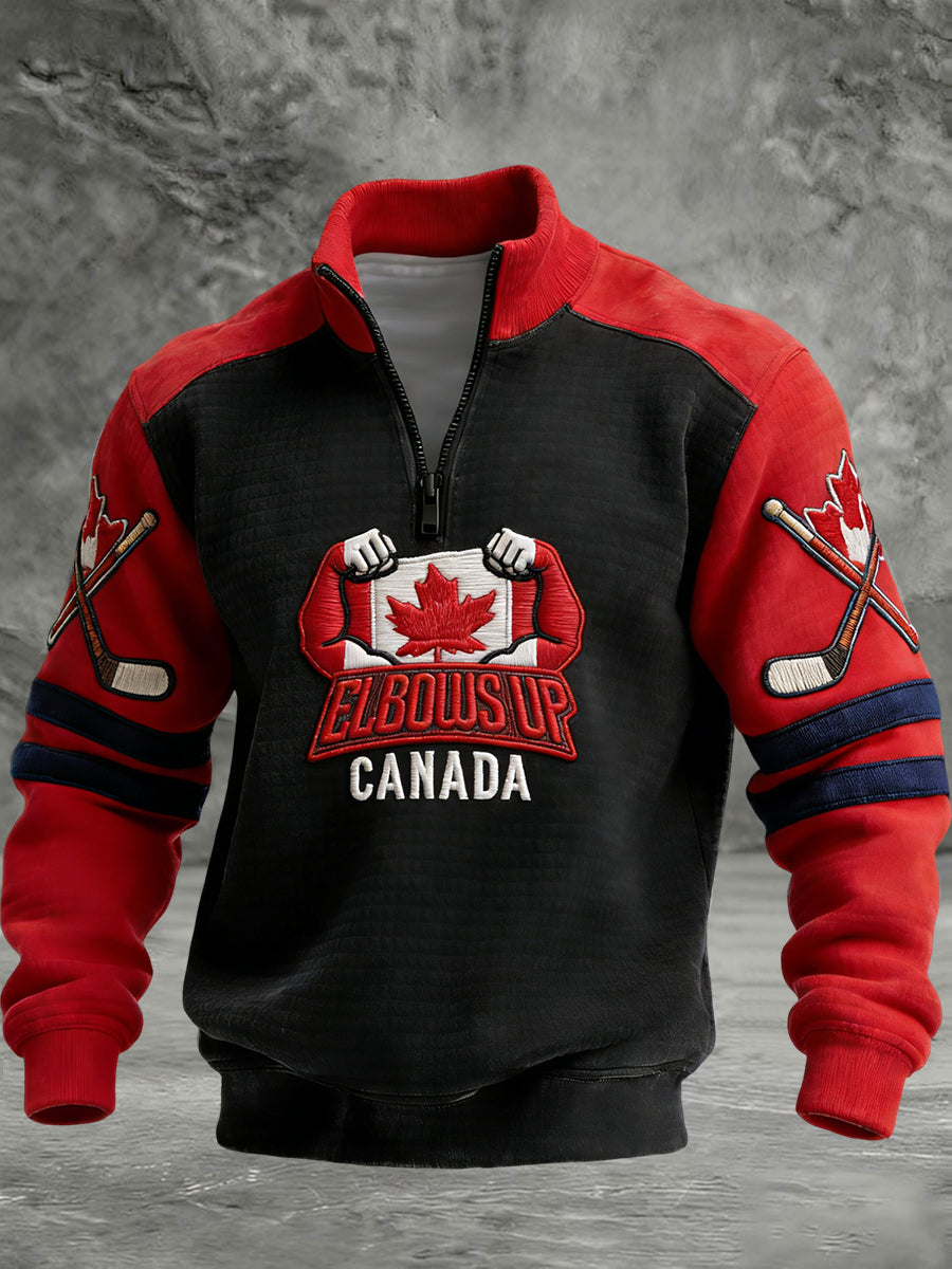 Retro Canadian Hockey Maple Leaf Flag Patchwork Waffle Knit Pullover