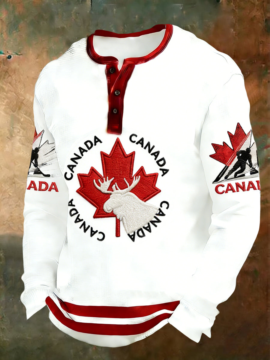 Retro Canadian Hockey Moose Casual Art Henley Shirt