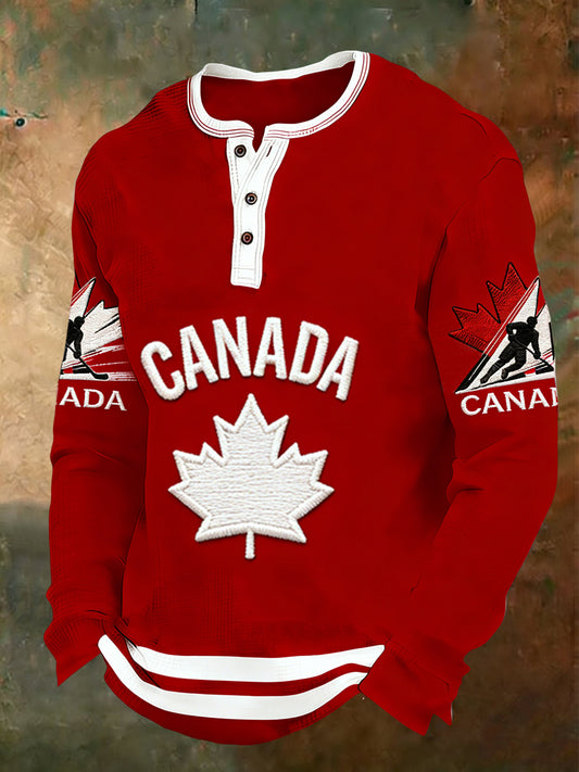 Retro Canadian Hockey Maple Leaf Casual Art Henley Shirt