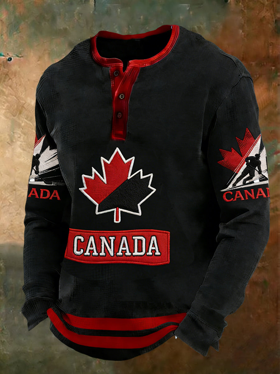 Retro Canadian Hockey Patchwork Casual Henley Shirt