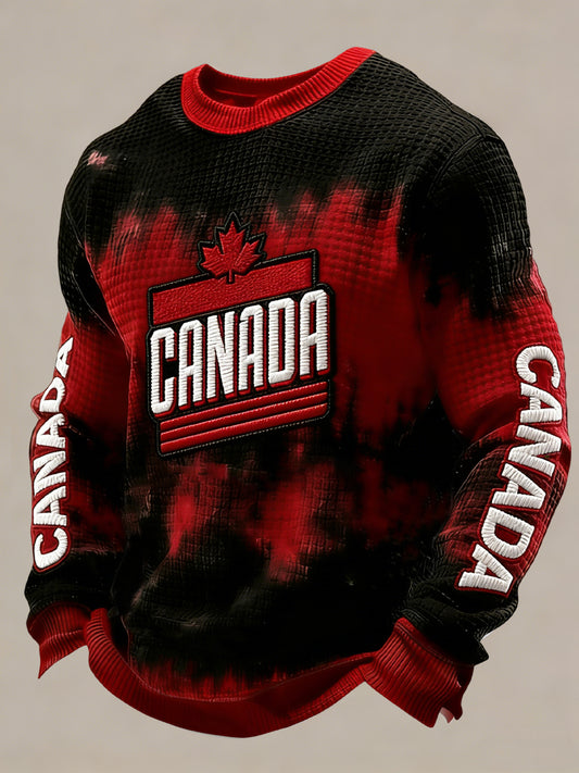 Retro Abstract Canadian Hockey Maple Leaf Casual Waffle-Weave T-Shirt