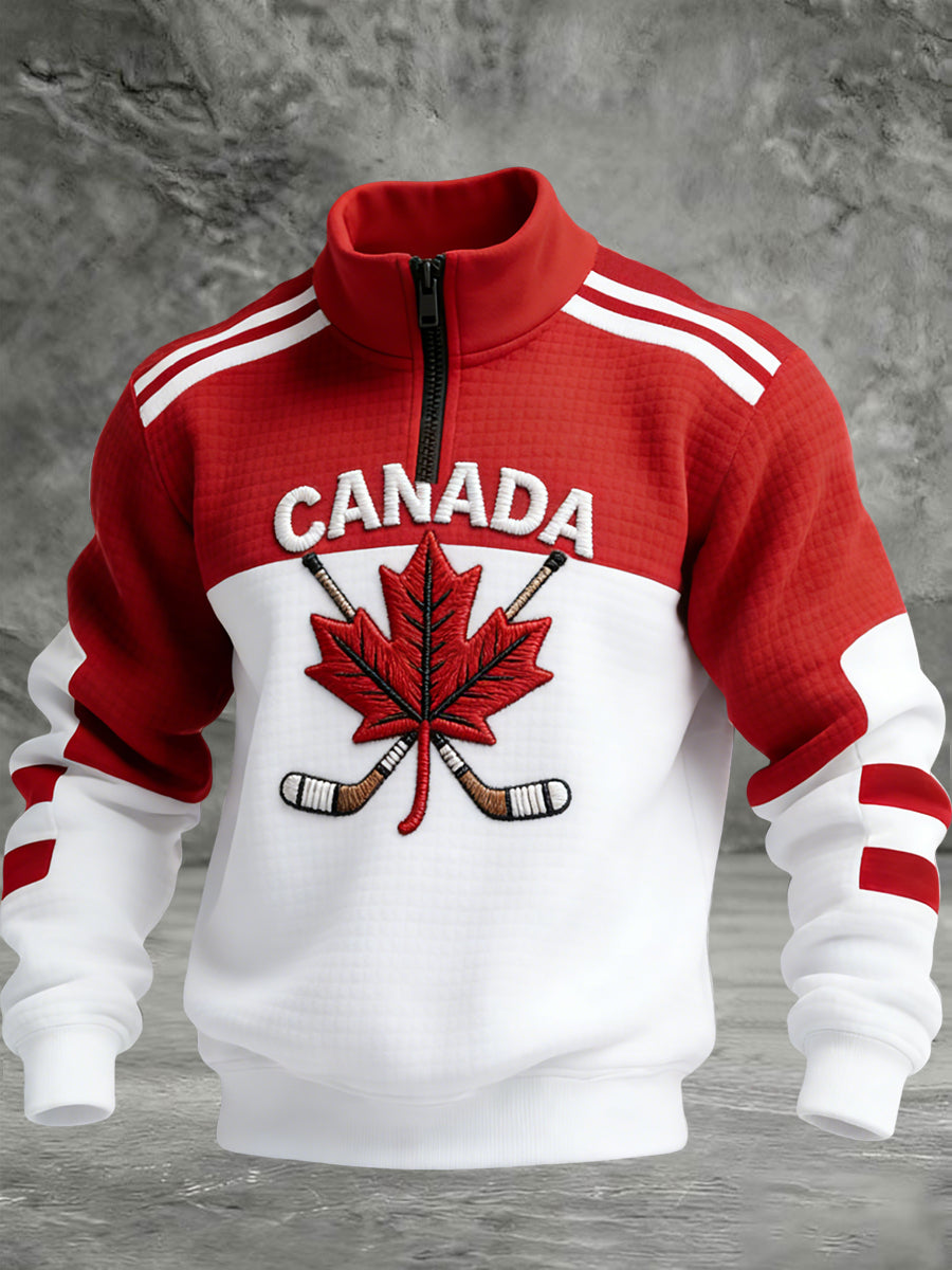 Retro Canadian Hockey Maple Leaf Patchwork Casual Waffle Knit Pullover
