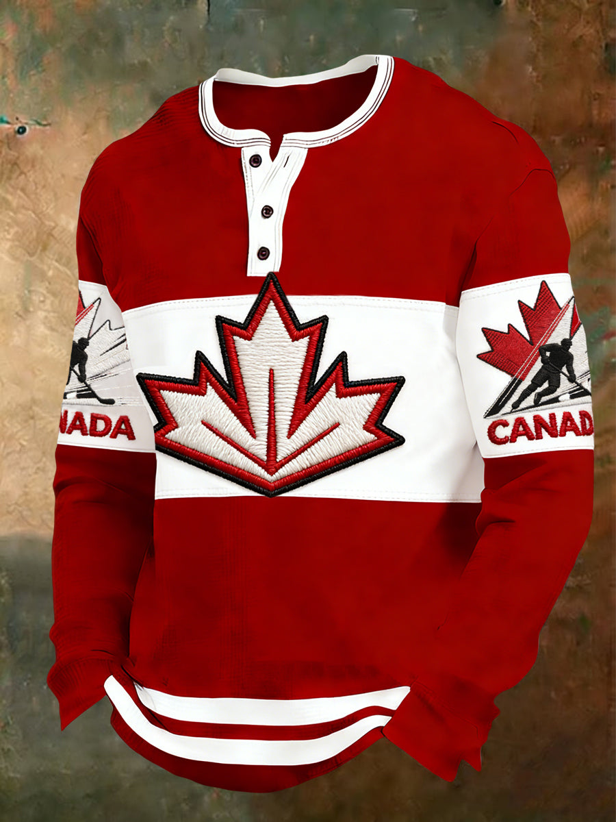 Retro Canadian Hockey Maple Leaf Patchwork Casual Henley Shirt