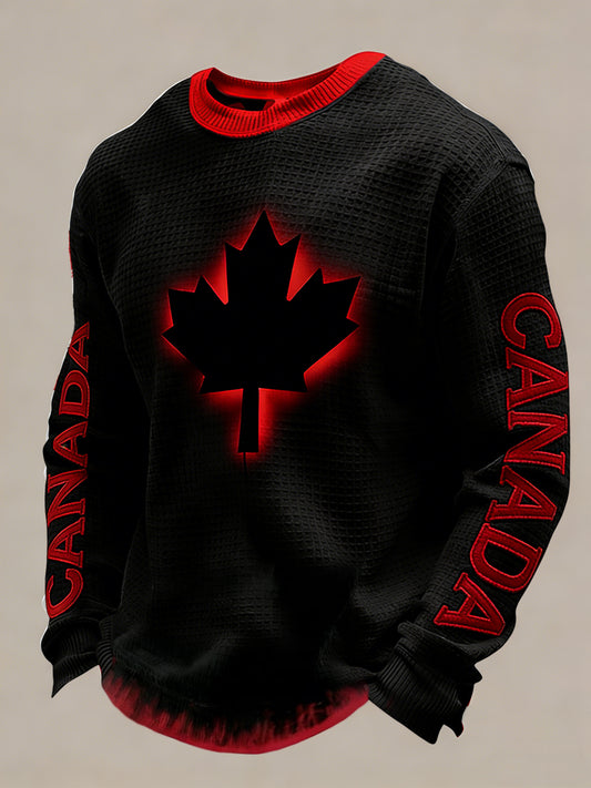 Retro Canadian Hockey Maple Leaf Casual Waffle-Weave T-Shirt