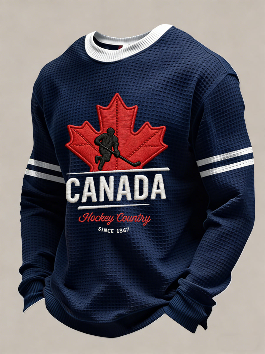 Retro Abstract Canadian Hockey Fan Casual Waffle-Weave T-Shirt