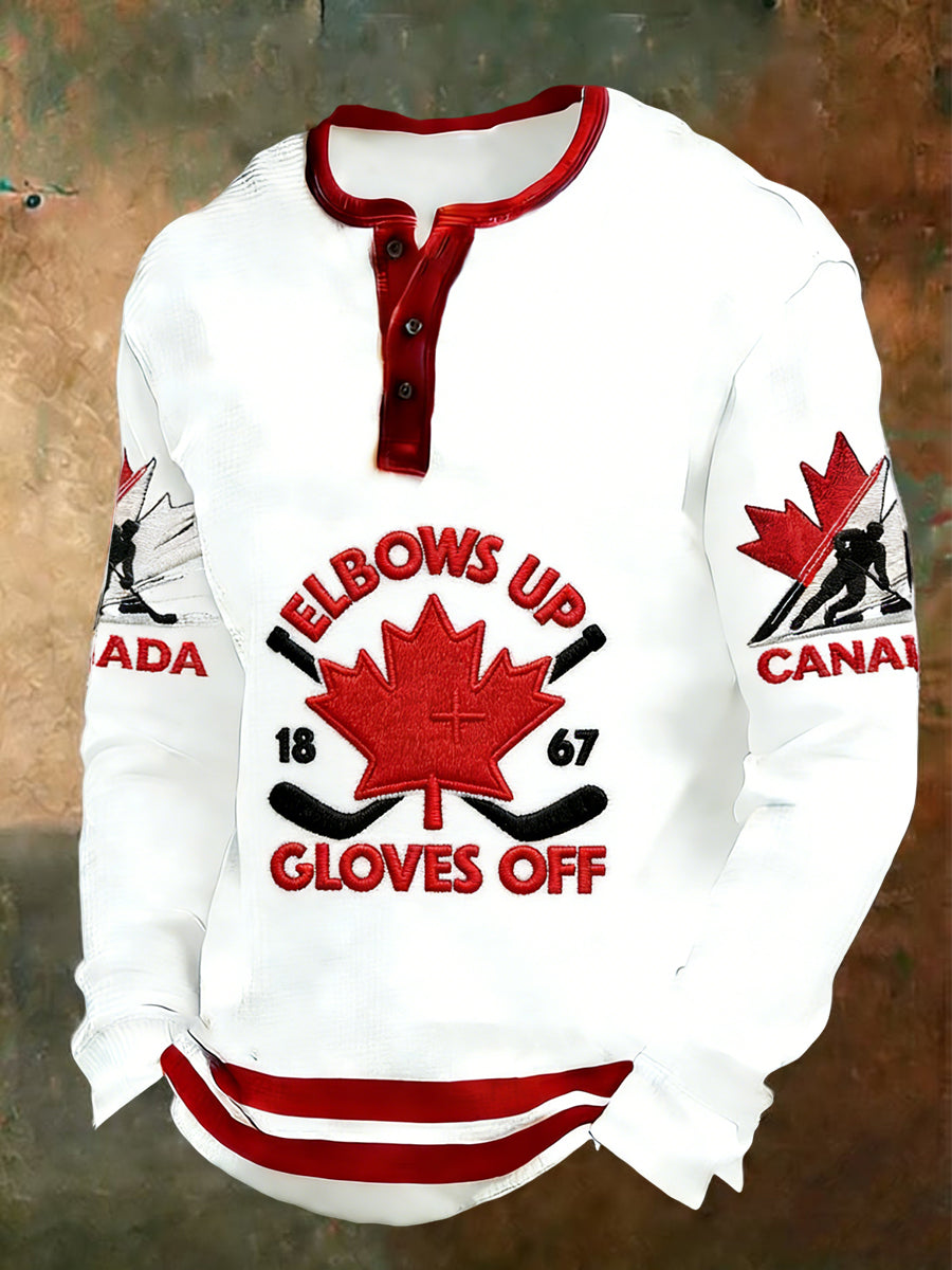 Retro Canadian Hockey Fan Casual Henley Shirt