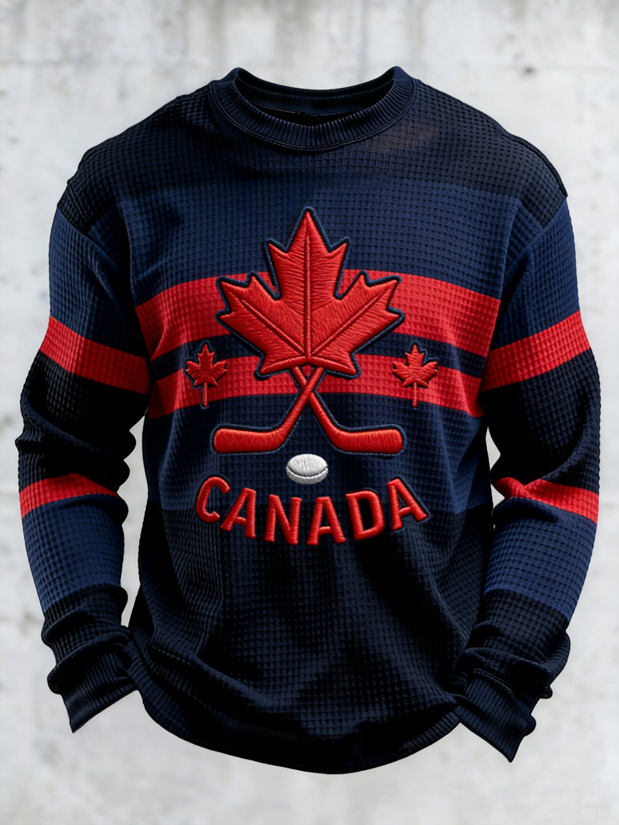 Retro Canadian Hockey Emblem Striped Waffle Weave T-Shirt