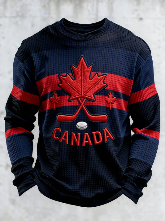 Retro Canadian Hockey Emblem Striped Waffle Weave T-Shirt