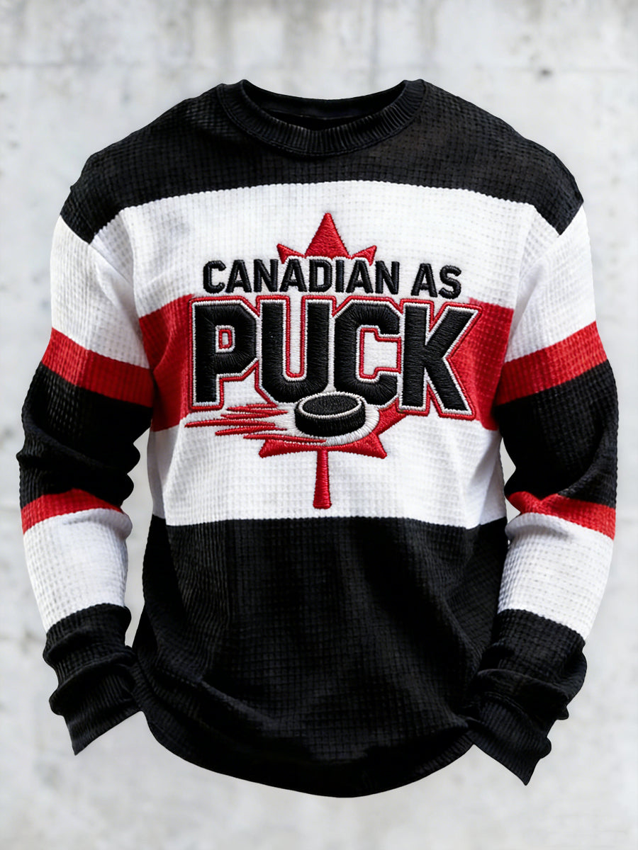 Retro Canadian Hockey Casual Art Striped Waffle Weave T-Shirt