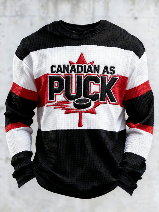 Retro Canadian Hockey Casual Art Striped Waffle Weave T-Shirt