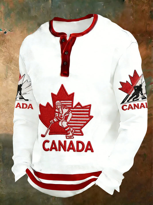 Retro Canadian Hockey Fan Art Casual Henley Shirt