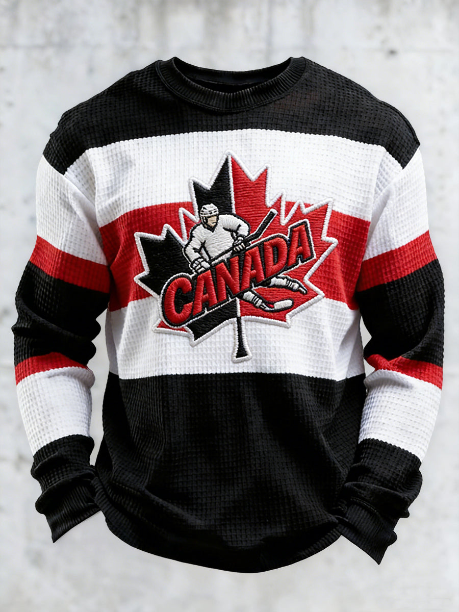 Retro Canadian Hockey Maple Leaf Casual Striped Waffle Weave T-Shirt