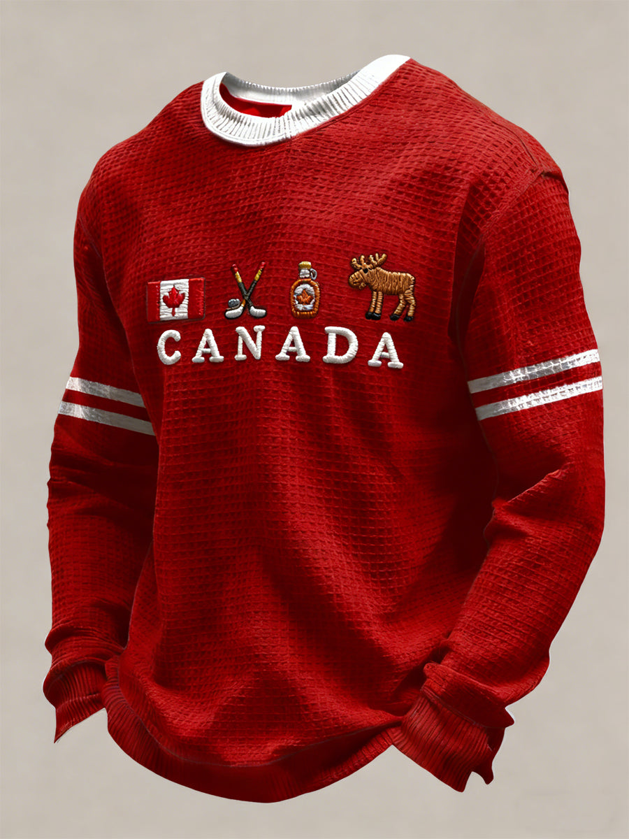 Retro Canadian Hockey Flag Moose Casual Waffle Weave T-Shirt