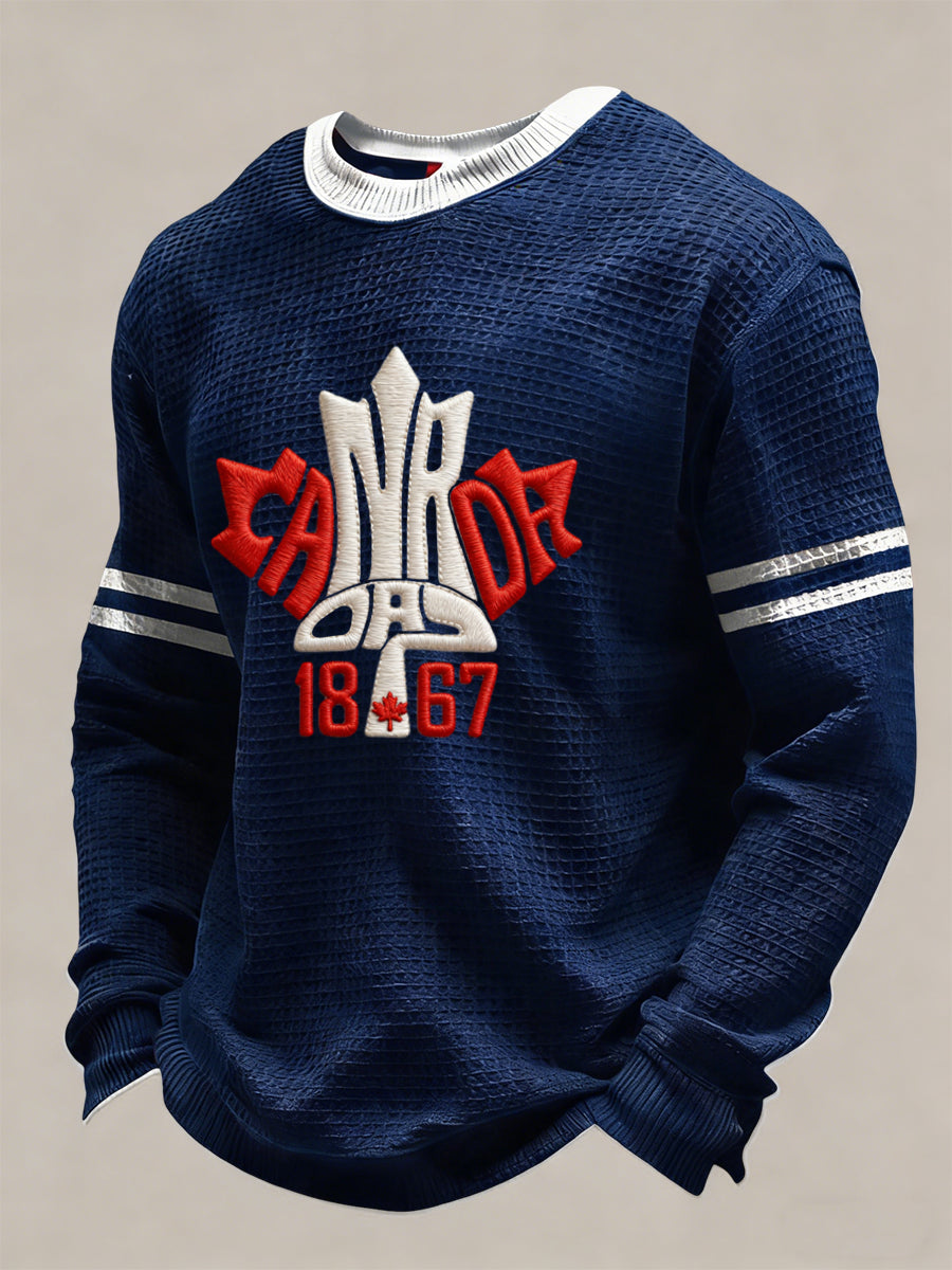 Retro Canadian Hockey Emblem Casual Waffle Weave T-Shirt
