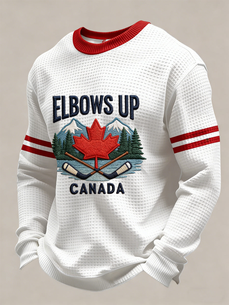 Retro Canadian Hockey ELBOWS UP Casual Waffle Weave T-Shirt
