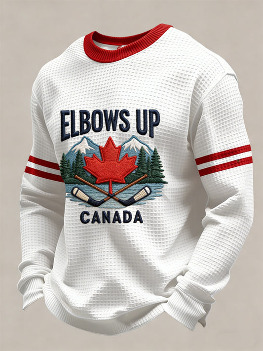 Retro Canadian Hockey ELBOWS UP Casual Waffle Weave T-Shirt