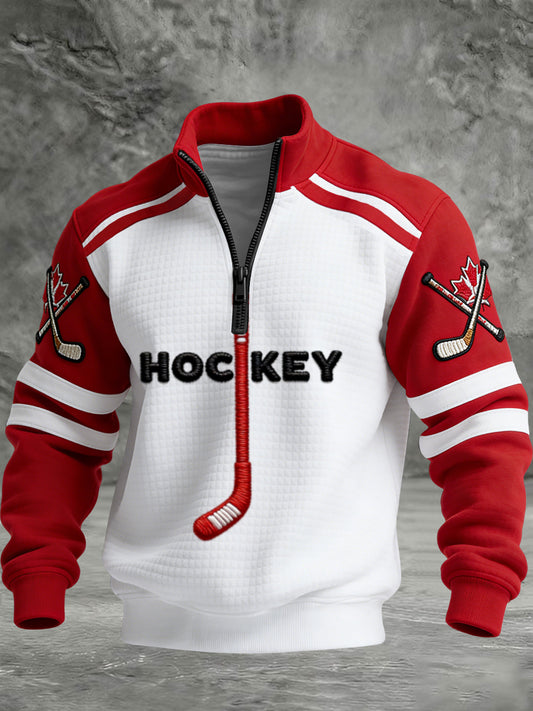 Retro Canadian Hockey Fan Casual Waffle-Weave Pullover Sweatshirt