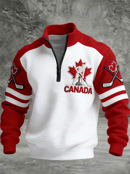 Retro Canadian Hockey Emblem Casual Waffle-Weave Pullover