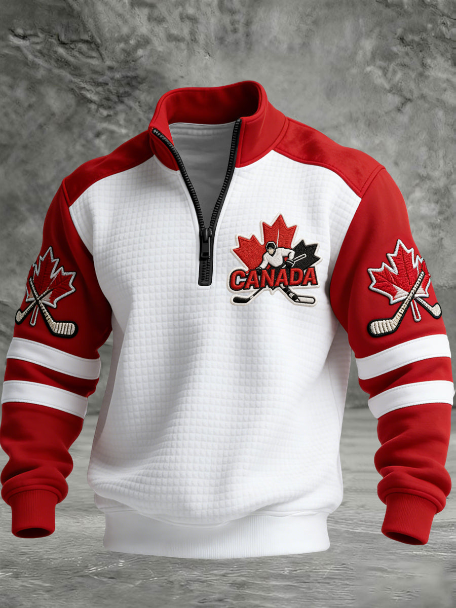 Retro Canadian Hockey Fan Casual Waffle-Weave Pullover