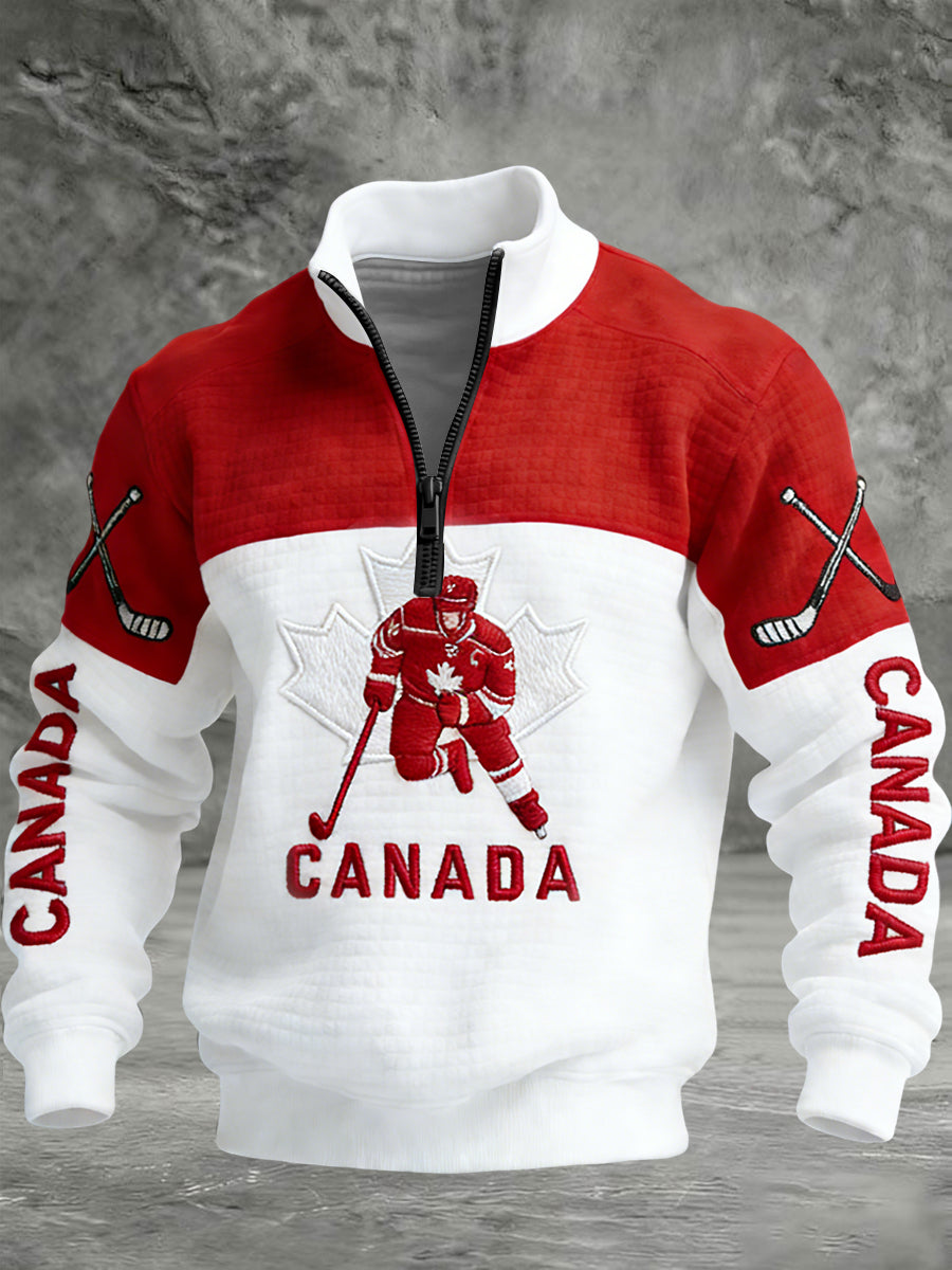 Retro Canadian Hockey Patchwork Casual Waffle Knit Pullover