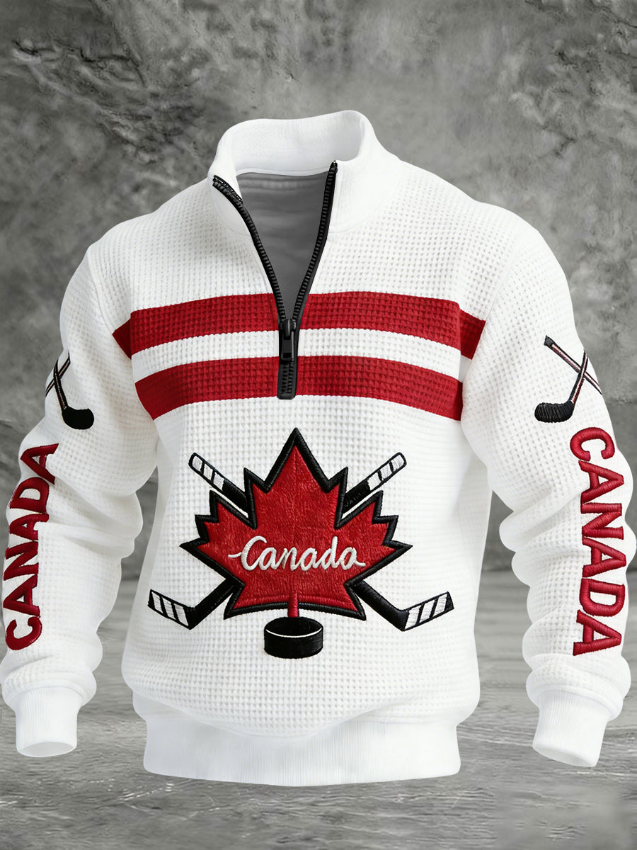 Retro Canadian Hockey Stripe Patchwork Casual Waffle Knit Pullover